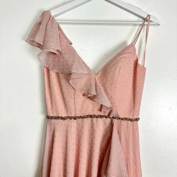 MAC DUGGAL Polka Dot Asymmetrical Ruffle Gown in Salmon Size US 2 - Picture 6 of 12